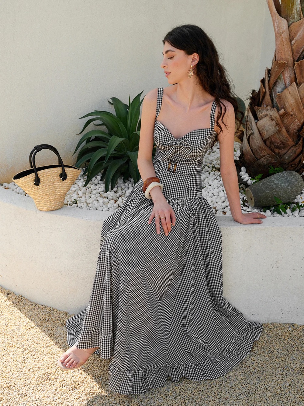 185 Gingham Belted Fitted Sleeveless Dress - Picture 6 of 7